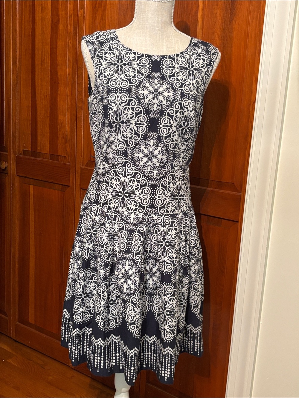 Classic Navy & White Patterned Sleeveless Dress